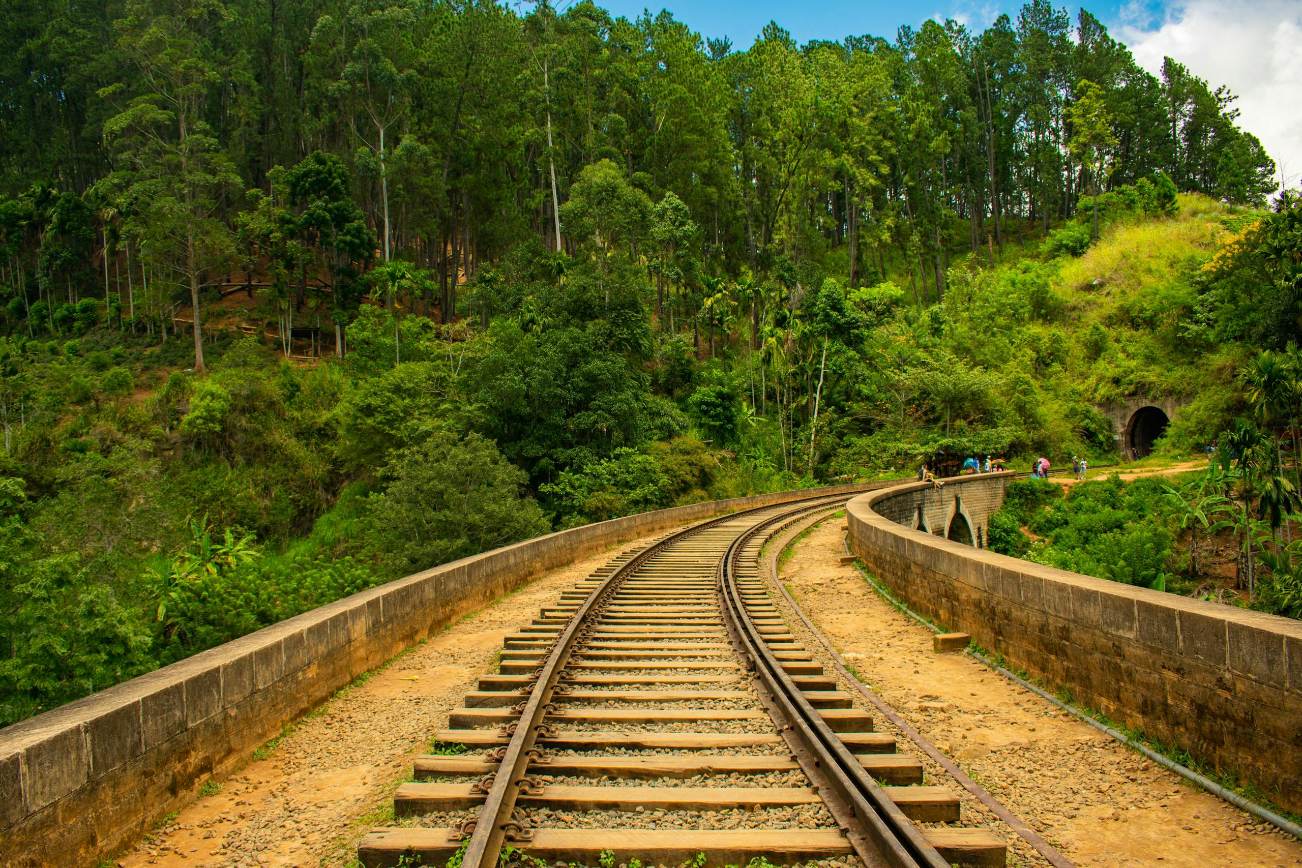 A picturesque view of the iconic Nine Arches Bridge in lush Sri Lankan forest.