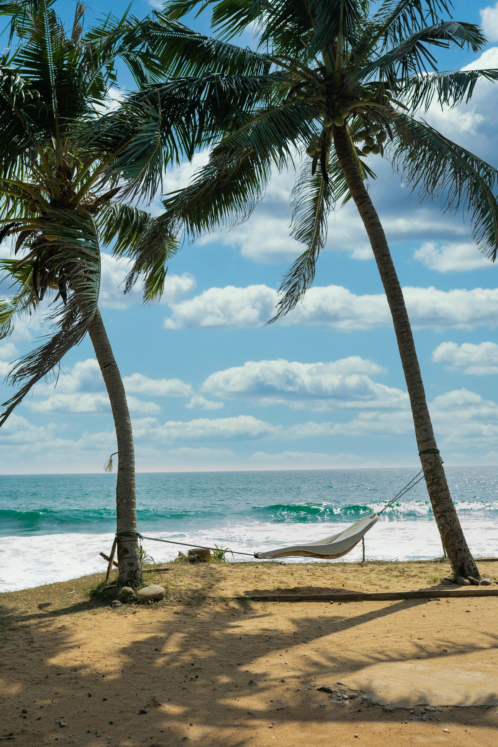 Serene beach view with a hammock between palm trees in Hikkaduwa, Sri Lanka.